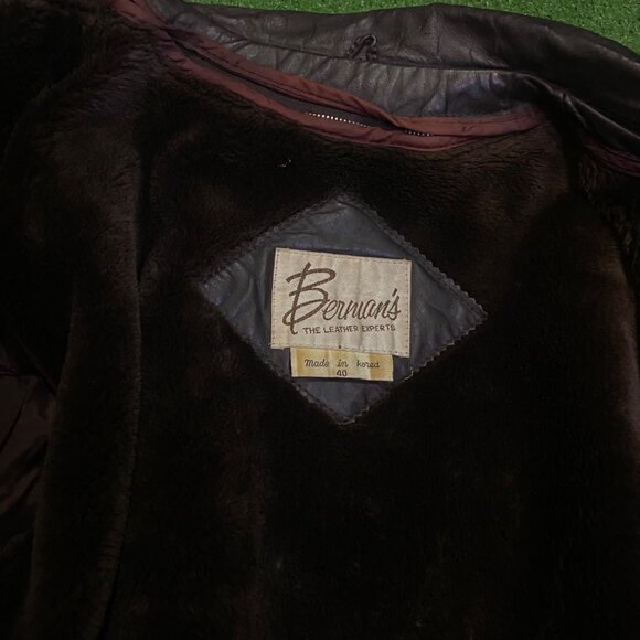 Vintage 70s Bermans Brown Leather Jacket Mid-Length Size 40 Large Faux Fur Lined - Picture 5 of 11